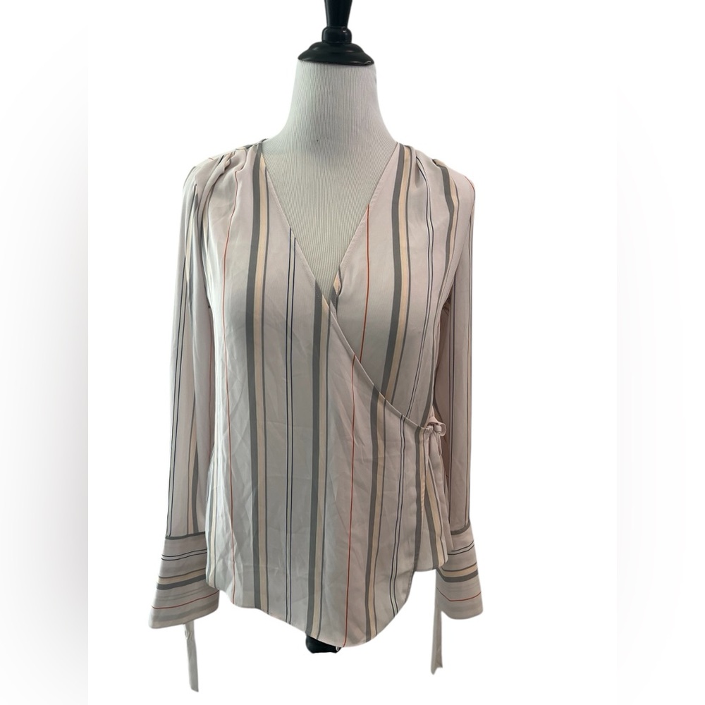 Striped Wrap Blouse in Light Pink – Women’s Elegant V-Neck Top